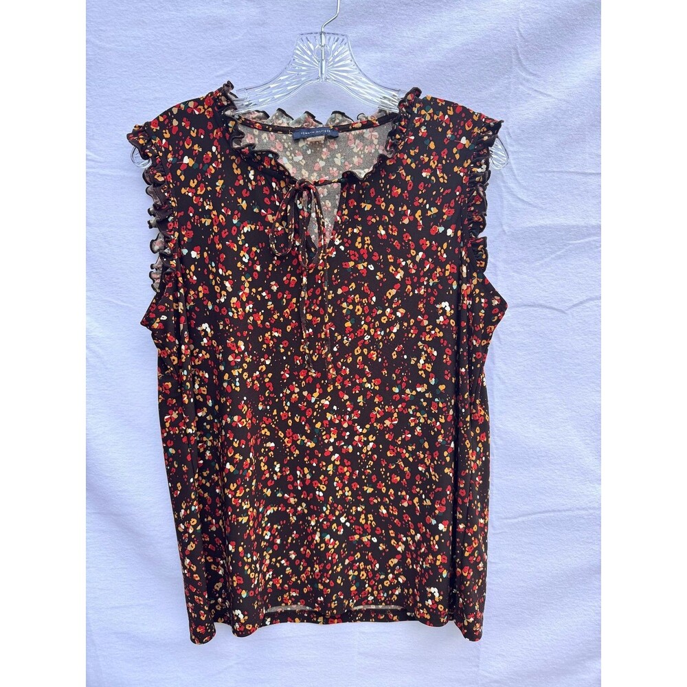 Tommy Hilfiger Floral Blouse Women’s Large L Sheer Ruffle Sleeve Tie Boho Top